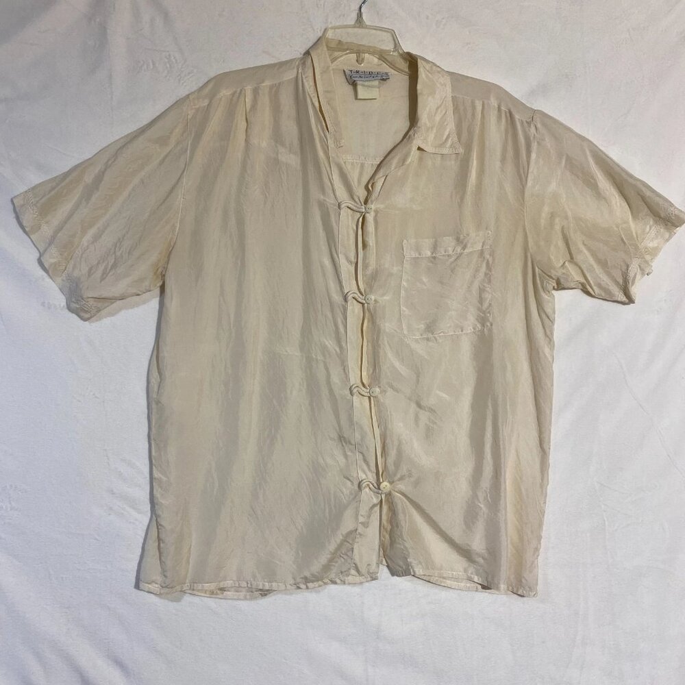 Vintage Tribes Frog Medium Button Up Camp Shirt Womens Ivory Short Sleeve Pocket
